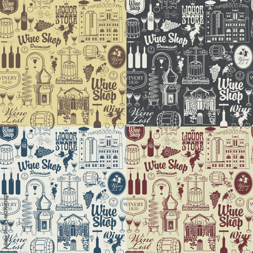 Seamless pattern on the theme of wine, wine shops and wine making with drawings and inscriptions in retro style on an old paper background. Suitable for Wallpaper, wrapping paper, textile, fabric