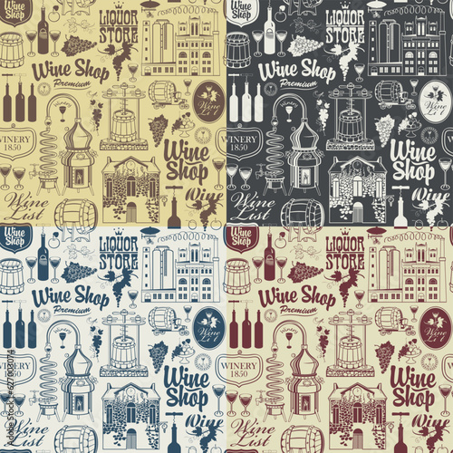 Seamless pattern on the theme of wine  wine shops and wine making with drawings and inscriptions in retro style on an old paper background. Suitable for Wallpaper  wrapping paper  textile  fabric
