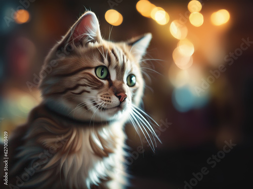 Cat portrait. Closeup cat. Cat on a blurred background with bokeh elements. Space for text. AI generated