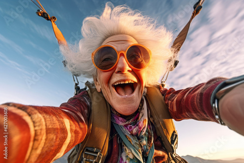 Grandmother taking a selfie while skydiving, doing parachute and flying in the sky. Active senior lifestyle concept : Sunset of life in colors. photo