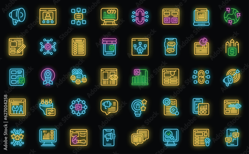 Marketing tools icons set outline vector. User media. Digital game neon color on black Marketing tools icons set outline vector. User media. Digital game neon color on black