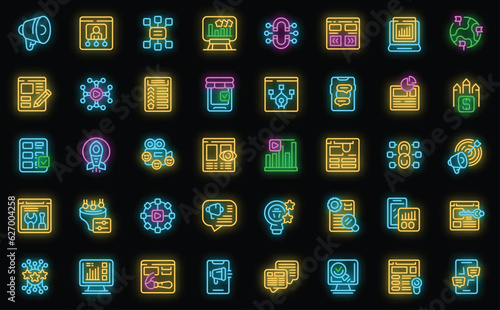 Marketing tools icons set outline vector. User media. Digital game neon color on black