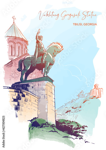 Metekhi Church and King Vakhtang Gorgasal Equisterian Statue in Tbilisi, Georgia. Line drawing watercolour painted and isolated on white background. EPS10 vector illustration