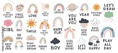 Cute hand drawn phrases with rainbow, sun, stars, cloud in boho style. Cartoon doodle print for nursery. Design for shower invitation card, birthday, children's party, book cover, poster