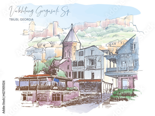 Vakhtang Gorgasali Square and view of Narikala Fortress, Historic city center, Tbilisi, Georgia. Line drawing watercolour painted and isolated on white background. EPS10 vector illustration