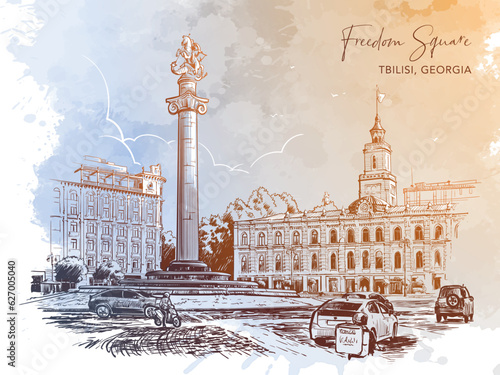Liberty Square and view of Tbilisi City Hall, Tbilisi, Georgia. Line drawing isolated on watercolor textured grunge background. EPS10 vector illustration