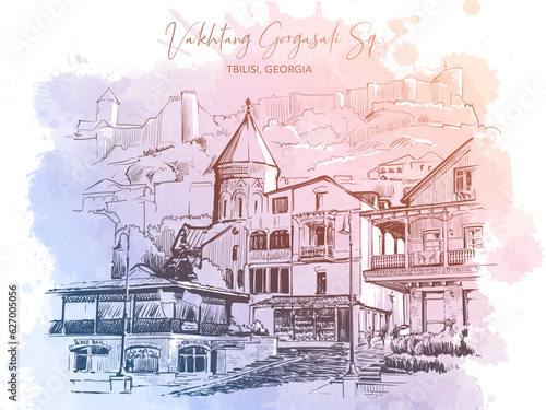 Vakhtang Gorgasali Square and view of Narikala Fortress, Historic city center, Tbilisi, Georgia. Line drawing isolated on textured watercolour grunge background. EPS10 vector illustration
