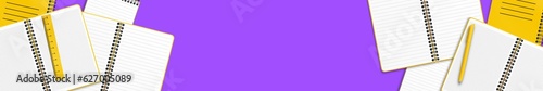 Closed yellow notebooks and yellow ball-point pens on a lilac or purple background with copy space for your image or text. Minimalist vector illustration as back to school background. Top view, flat