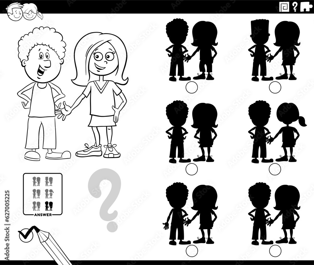 Naklejka premium educational shadows task with girl and boy coloring page