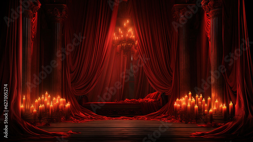 Room with red curtains and candles, Bright color. Generative Ai