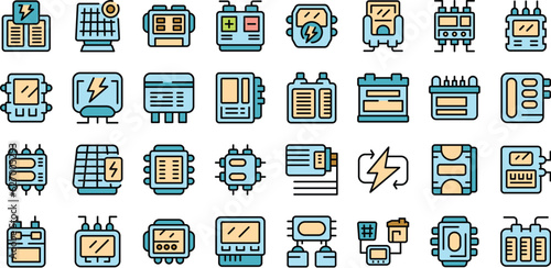 Inverter icons set outline vector. Solar nature. Power energy thin line color flat on white