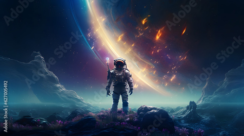 Exploring the Cosmos: Astronaut in Space Suit on Extraterrestrial Planet   Generative AI © Lennart