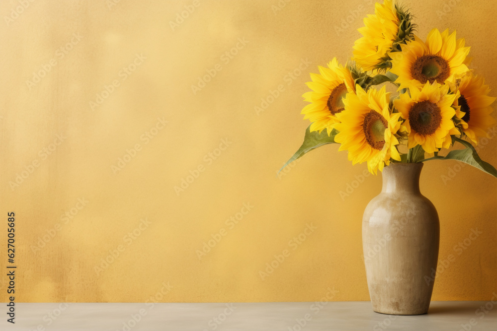 custom made wallpaper toronto digitalRustic Charm: Sunflowers in Brown Vase Against Yellow Wall Mockup, Generative AI