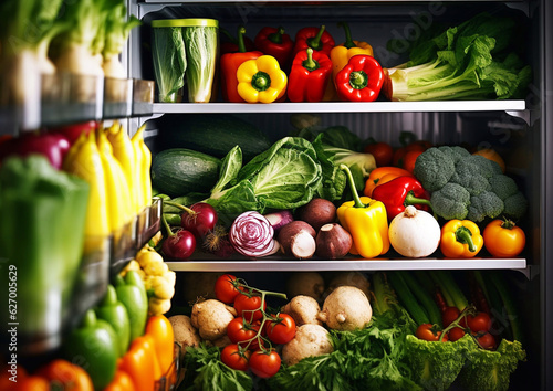 Fresh raw organic vegetables in opened fridge.Healthy lifestyle.Macro.AI Generative