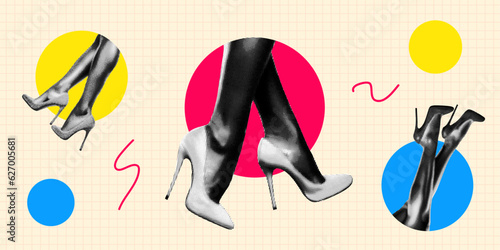 female legs in high-heeled shoes set fashion concept collage in retro halftone dotted pop art texture vintage trendy element for mixed media design