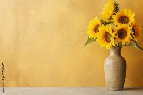 Rustic Charm: Sunflowers in Brown Vase Against Yellow Wall Mockup, Generative AI