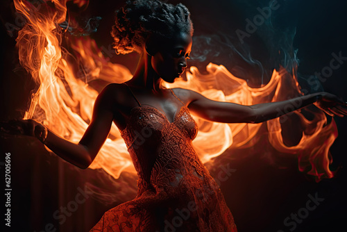 Dancing african woman in dress with blazing fire in background