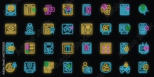 Parental control icons set outline vector. App parent. Internet child neon color on black