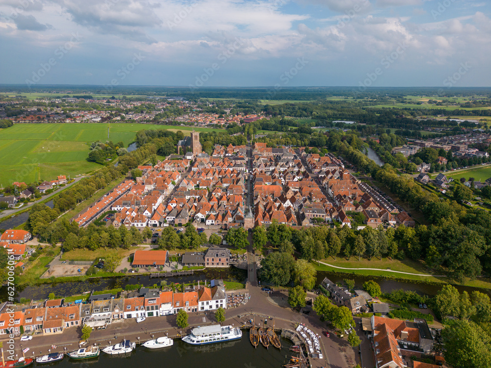 Aerial drone photo of the fortified town Elburg in Gelderland.