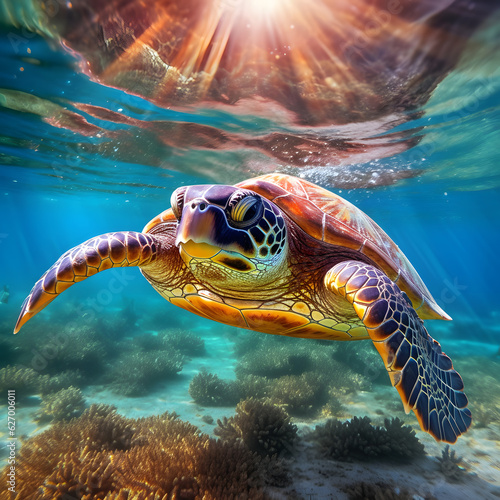 photo of a turtle in the tropical ocean 