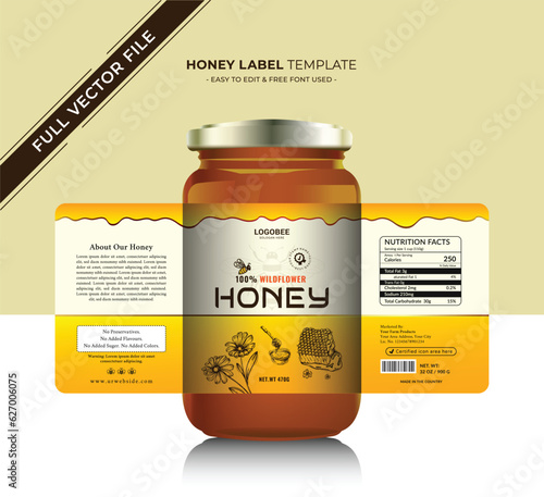 Honey label sticker design with banner honey design natural bee honey glass jar bottle sticker modern product packaging idea, yellow color sweet flower background healthy organic food black label.
