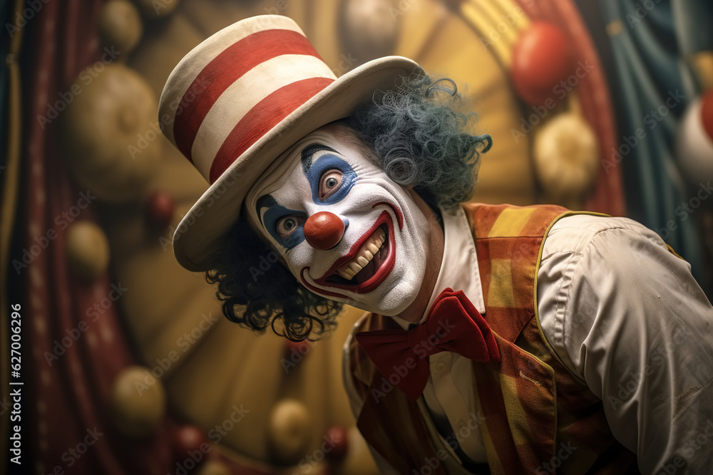 Crazy laughing clown wearing hat in circus, peeking out creepy adult angry smiling man in jester costume looking at camera