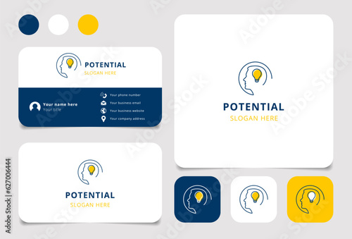 Potential logo design with editable slogan. Branding book and business card template.