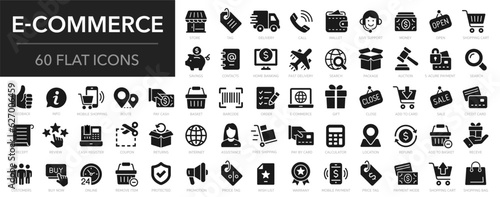 E-Commerce icons set. E-Commerce flat icons collection. Shopping, online shop, delivery, marketing, store, money, payment, price - stock vector.