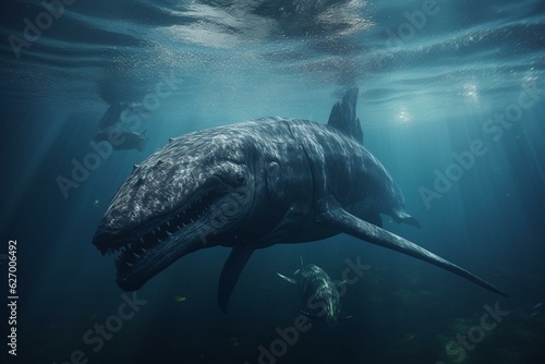 A predatory liopleurodon attacks a helpless ichthyosaurus in the ocean. Generative AI