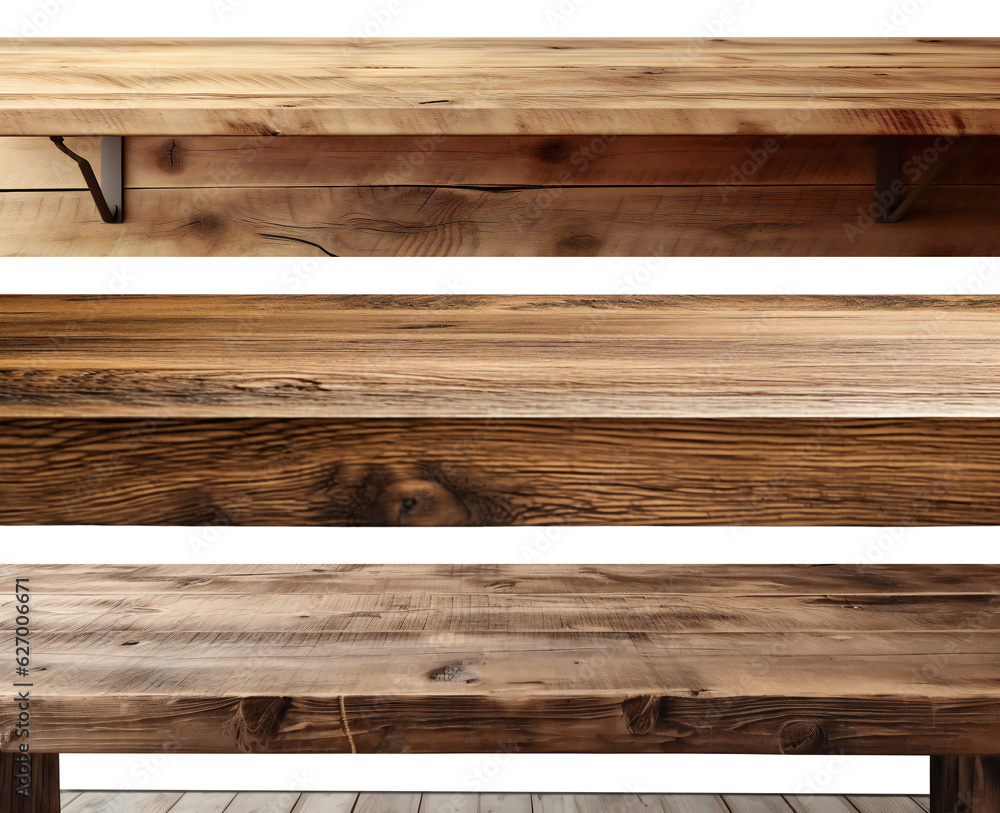 Table set. Empty wooden table surface, side view. Empty table design element. Isolated on a transparent background. KI. Table set. Empty wooden table surface, side view. Empty table design element. Isolated on a transparent background. KI.