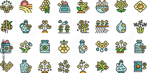 Rapeseed icons set outline vector. Canola flower. Oil food thin line color flat on white