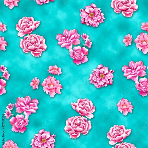 Watercolor flowers pattern, pink tropical elements, blue background, seamless