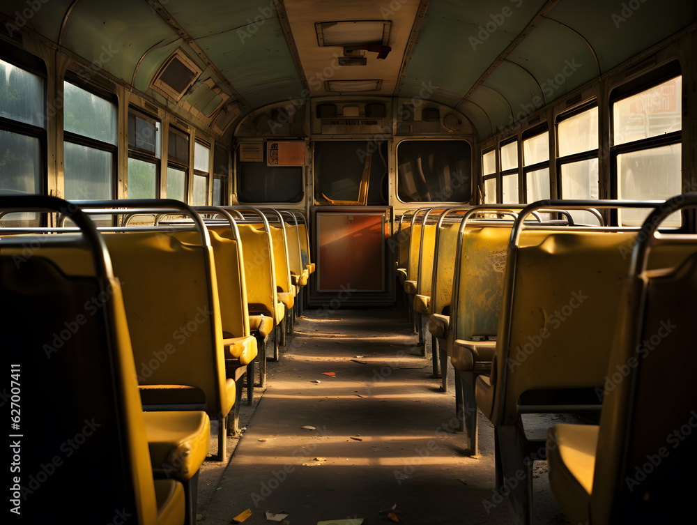 Closeup inside view of old abandoned school bus with broken and dirty interior Closeup inside view of old abandoned school bus with broken and dirty interior
