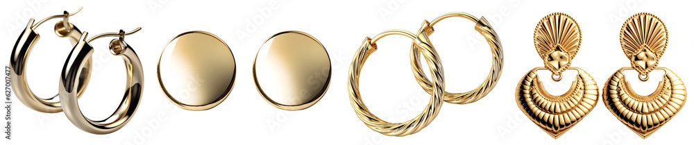 Set of gold earrings. Hoop earrings, round gold earrings, elegant and modern earrings. Isolated on a transparent background. KI. - obrazy, fototapety, plakaty 