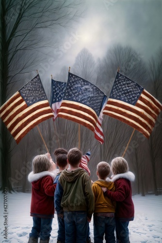 A Group Of Children Standing Next To Each Other Holding American Flags photo