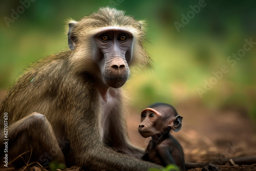 Affectionate portrait of mother baboon and baby. Amazing wildlife. generative Ai