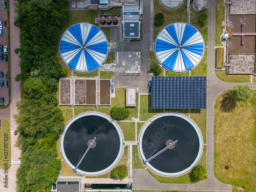 Aerial drone photo of a water treatment plant in Huizen, the Netherlands