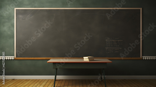 Empty classroom and blackboard with table