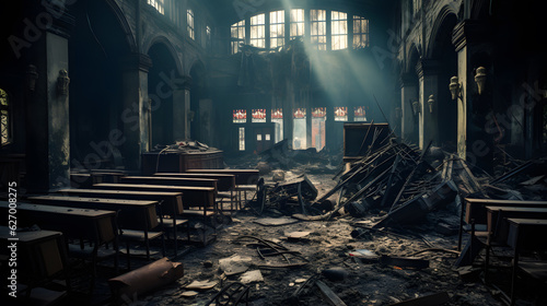 destroyed and empty class room after fire in a school building