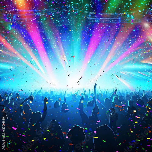 A music festival with colorful lasers, confetti, and a huge dancing crowd. Generative AI.