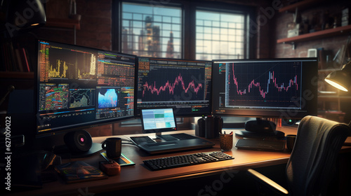 The trader's sophisticated workstation with multiple widescreen displays, each showing real-time price charts of different assets. Generative AI
