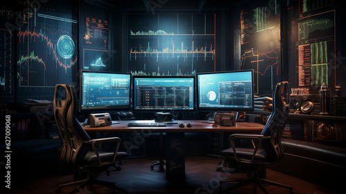 The trader's desk with a holographic display of multiple synchronized line charts, providing a comprehensive view of stock prices. Generative AI