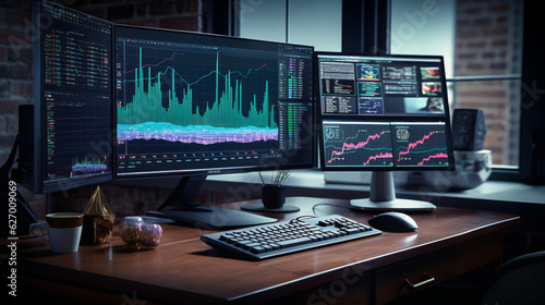 The trader's desk with a holographic display of multiple synchronized line charts, providing a comprehensive view of stock prices. Generative AI