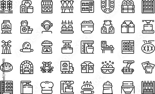 Bread production icons set outline vector. Cake machine. Oven pastry