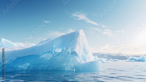 close - up of a large iceberg  glistening in the soft afternoon light  highlighting the blues and whites of the ice  shadows and texture