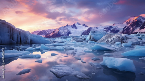panoramic view of a glacier with rugged mountains in the background, twilight, with hues of purple and blue © Marco Attano