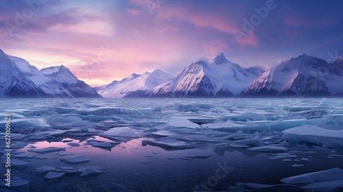 panoramic view of a glacier with rugged mountains in the background, twilight, with hues of purple and blue