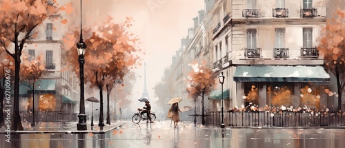 A feminine oil painting background depicting a chic Parisian street scene with a hint of vintage charm, providing negative space for text. Wallpaper, book cover, card. Generative AI. 