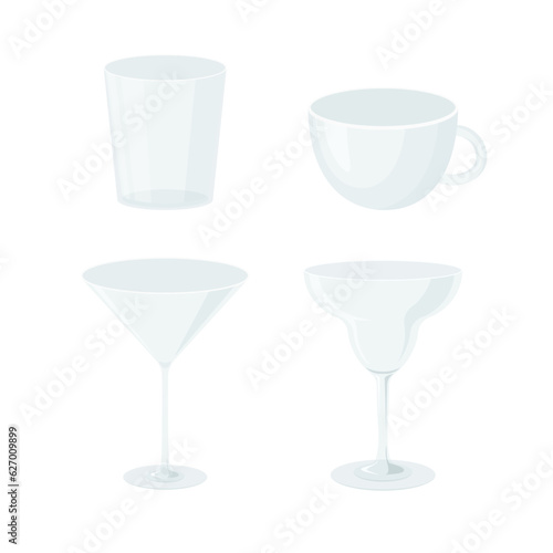 Set of drinking glasses. Transparent vector drink glasses for water, juice, cocktail, coffee.