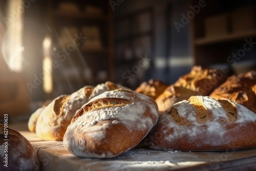 Freshly baked bread on a wooden table in a bakery. 